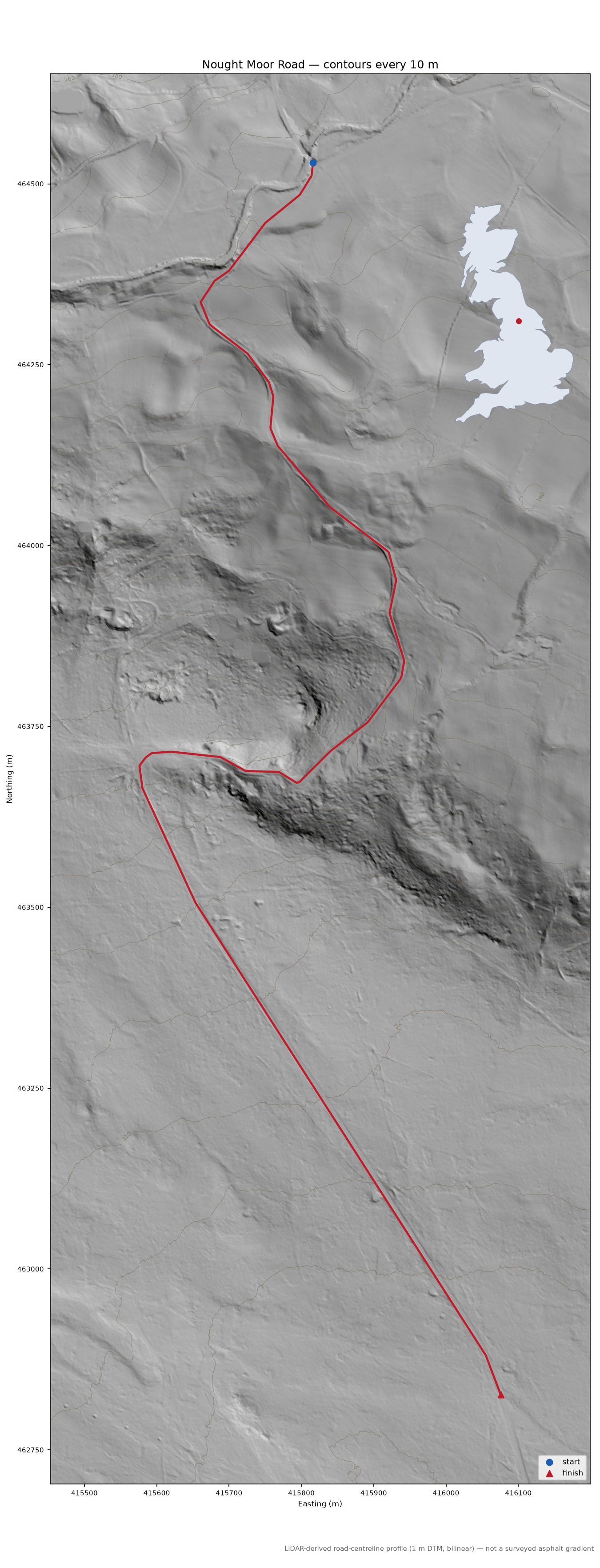 Nought Moor Road LiDAR hillshade map with contours
