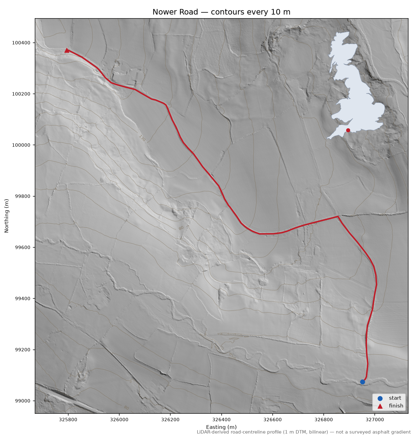 Nower Road LiDAR hillshade map with contours