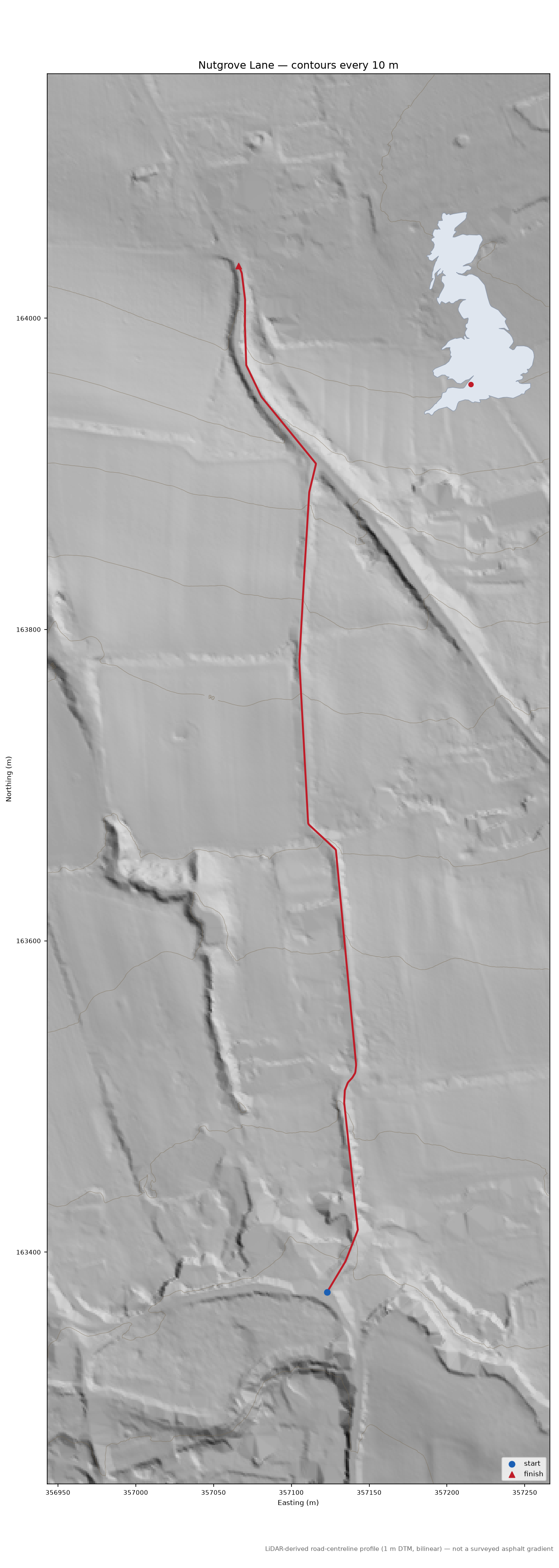 Nutgrove Lane LiDAR hillshade map with contours