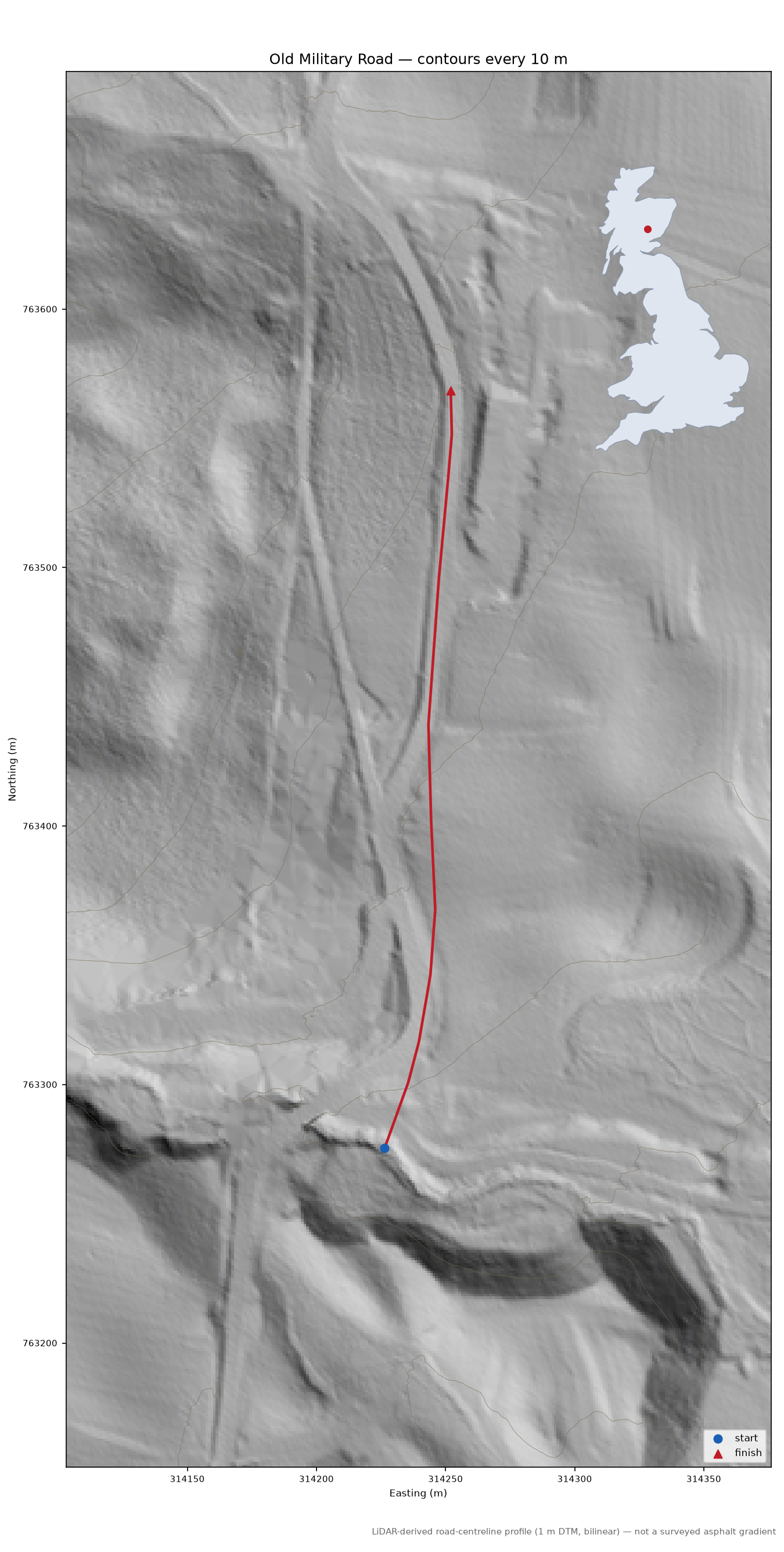 Old Military Road LiDAR hillshade map with contours