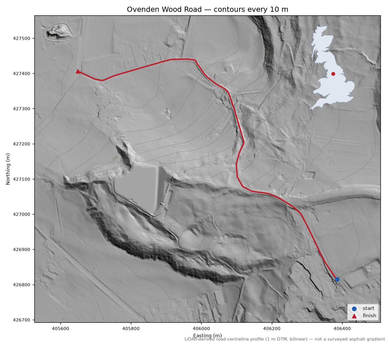 Ovenden Wood Road LiDAR hillshade map with contours