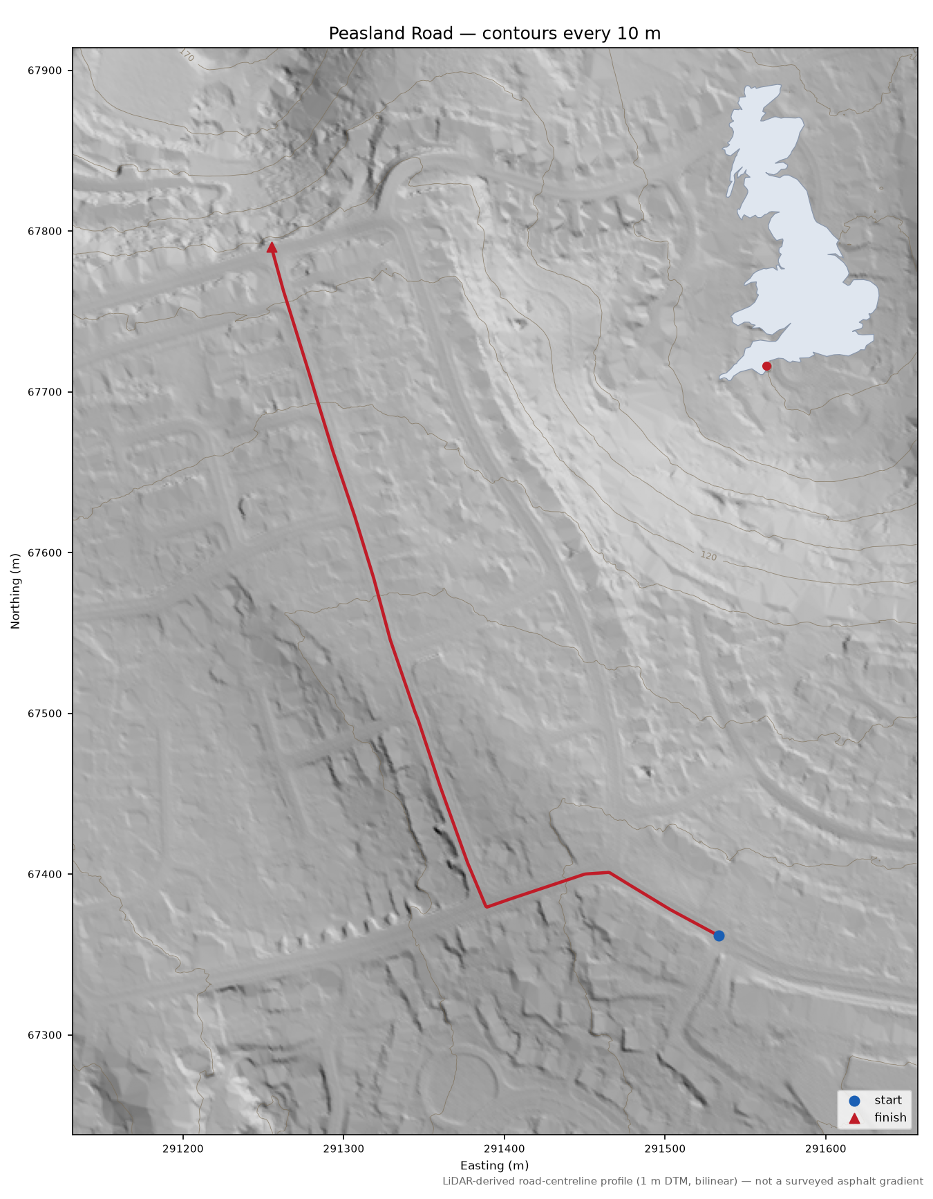 Peasland Road LiDAR hillshade map with contours