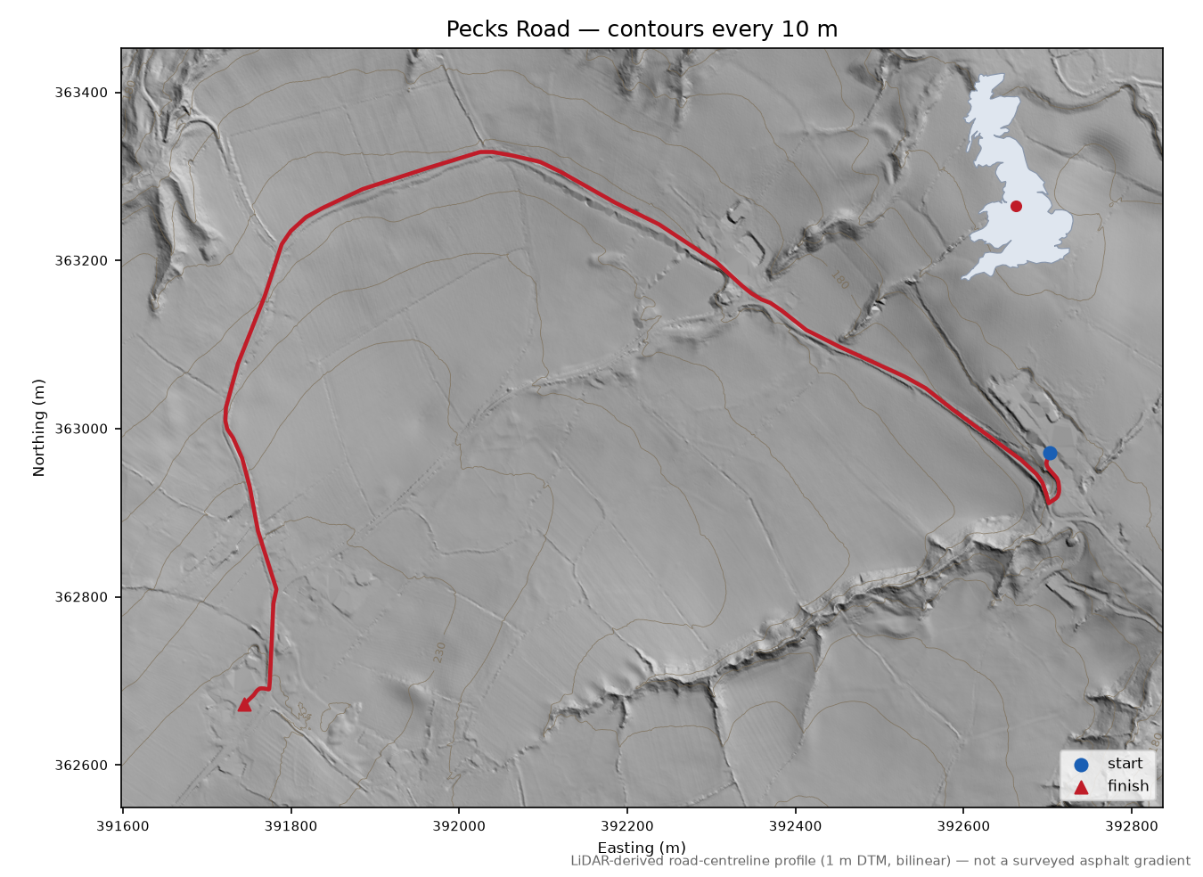Pecks Road LiDAR hillshade map with contours