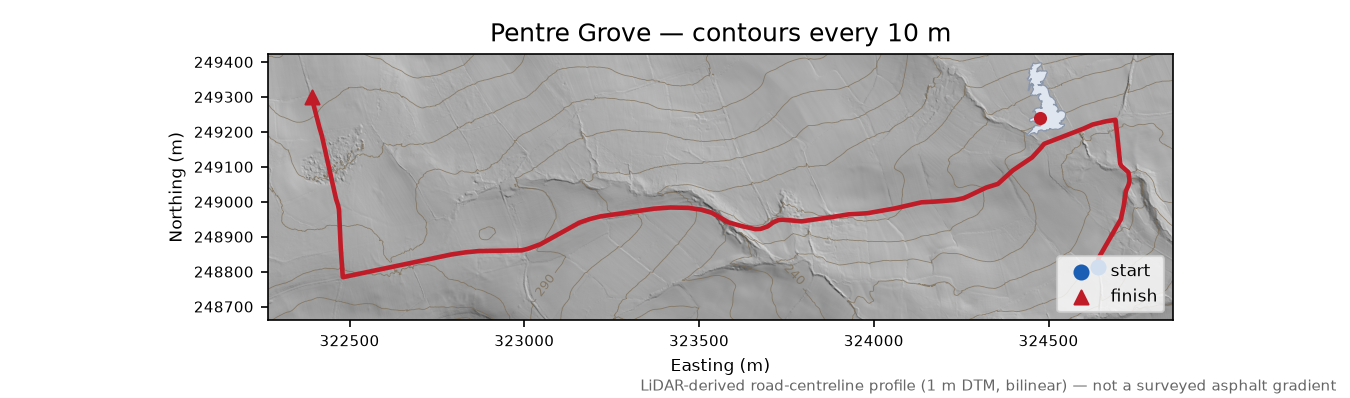 Pentre Grove LiDAR hillshade map with contours