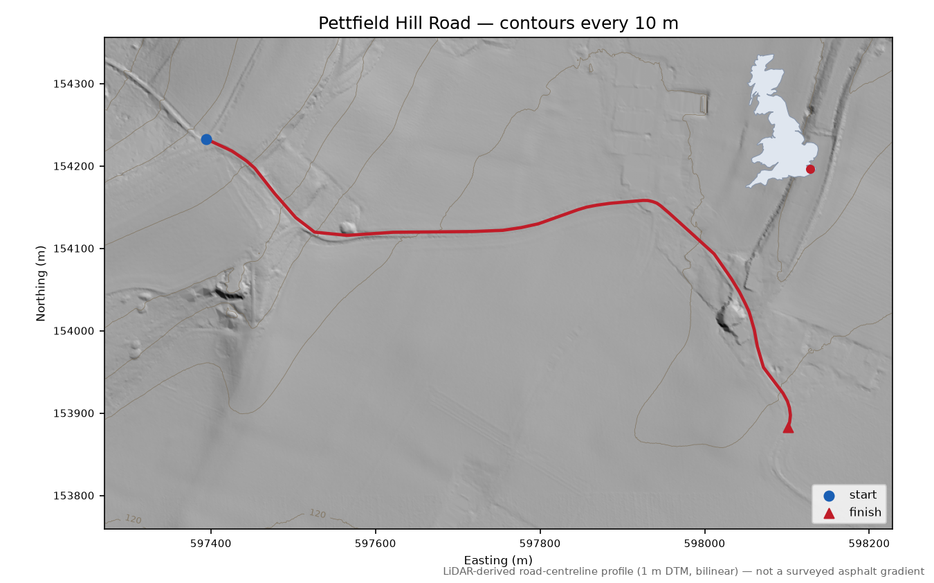 Pettfield Hill Road LiDAR hillshade map with contours