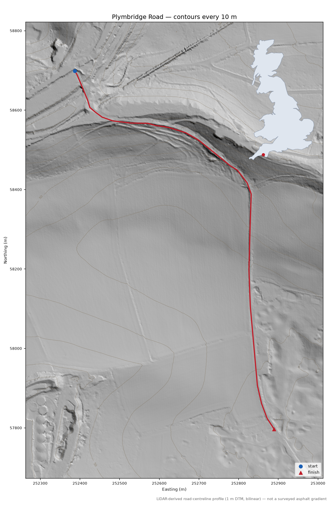 Plymbridge Road LiDAR hillshade map with contours