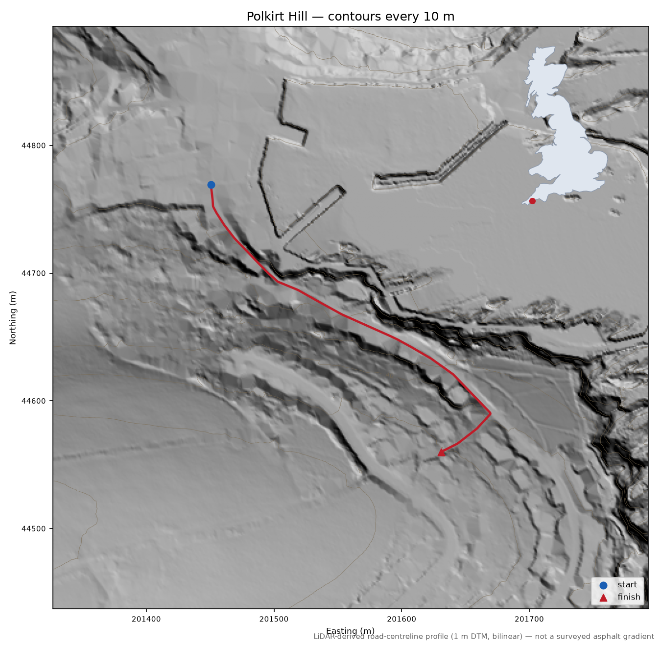 Polkirt Hill LiDAR hillshade map with contours