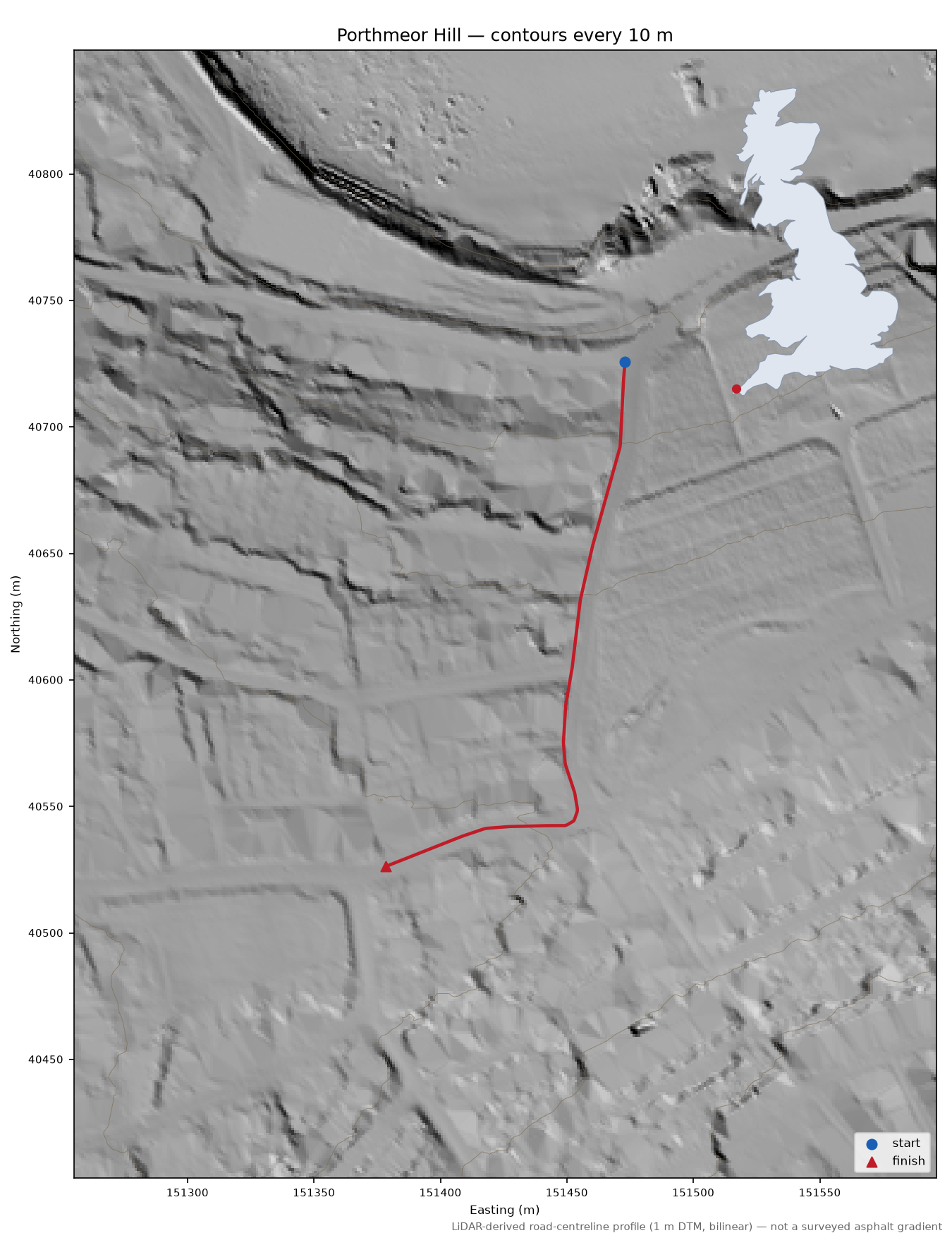 Porthmeor Hill LiDAR hillshade map with contours