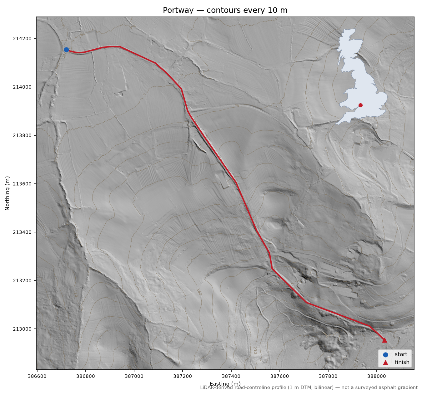 Portway LiDAR hillshade map with contours