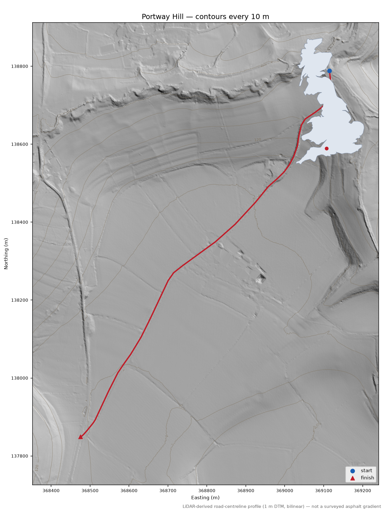 Portway Hill LiDAR hillshade map with contours