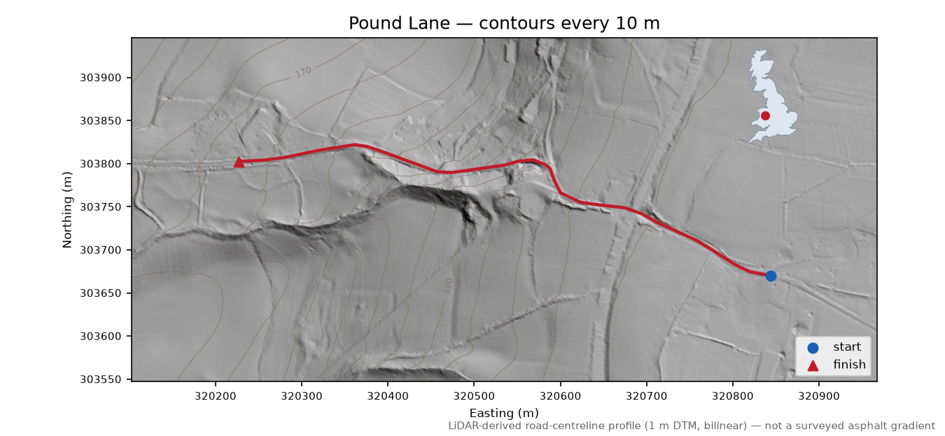 Pound Lane LiDAR hillshade map with contours