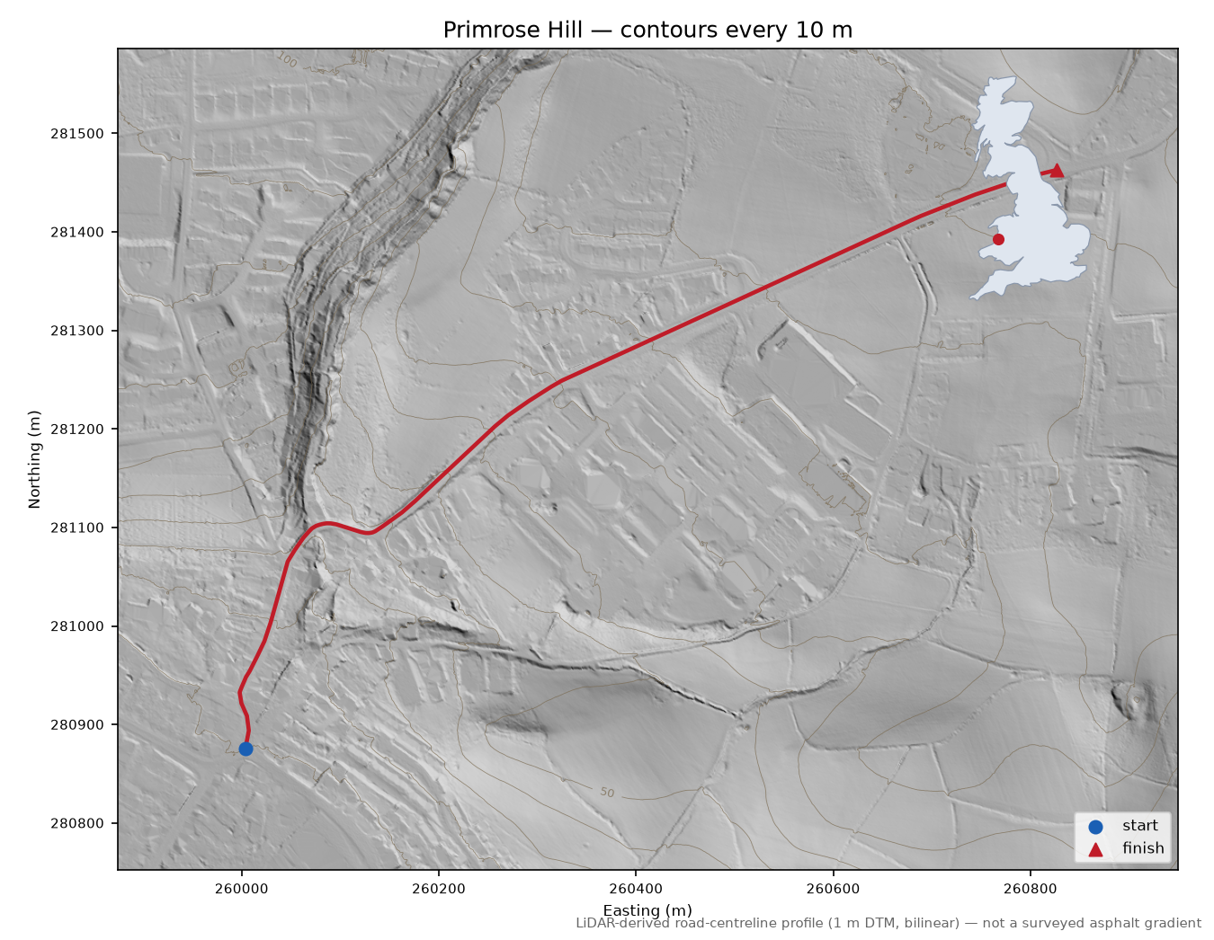 Primrose Hill LiDAR hillshade map with contours