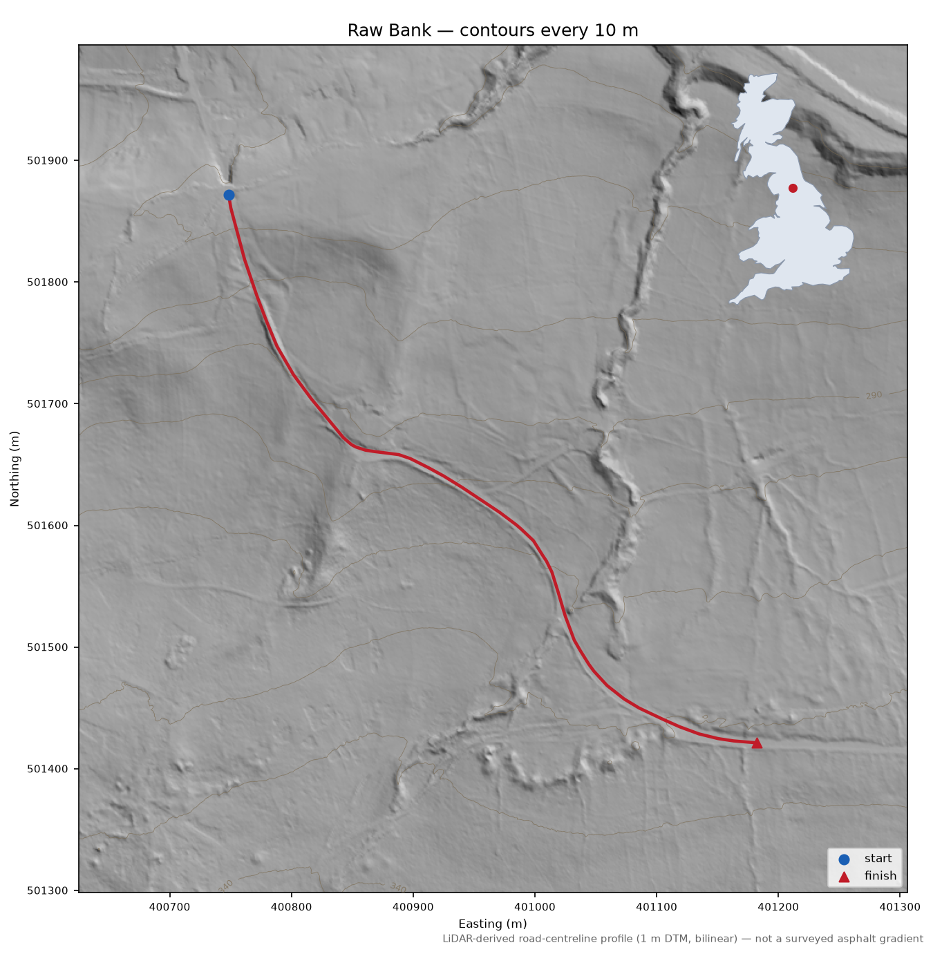 Raw Bank LiDAR hillshade map with contours