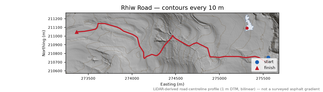 Rhiw Road LiDAR hillshade map with contours