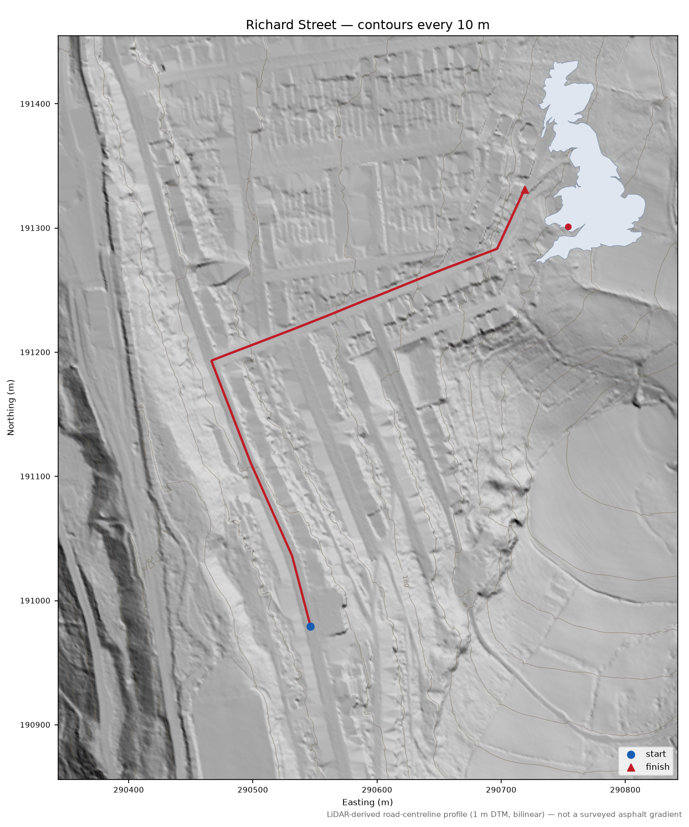 Richard Street LiDAR hillshade map with contours