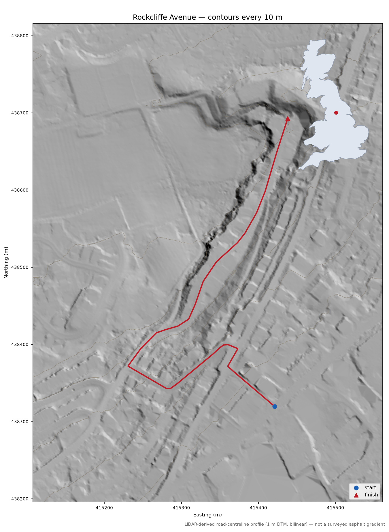 Rockcliffe Avenue LiDAR hillshade map with contours