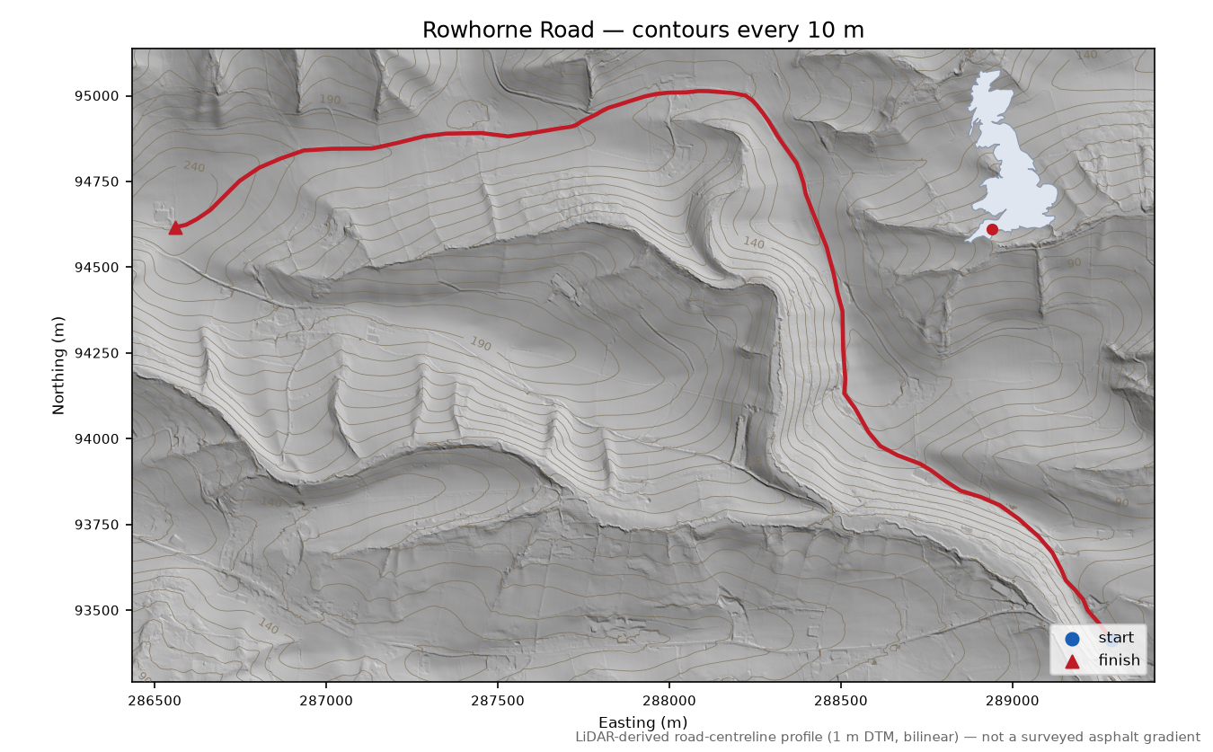 Rowhorne Road LiDAR hillshade map with contours