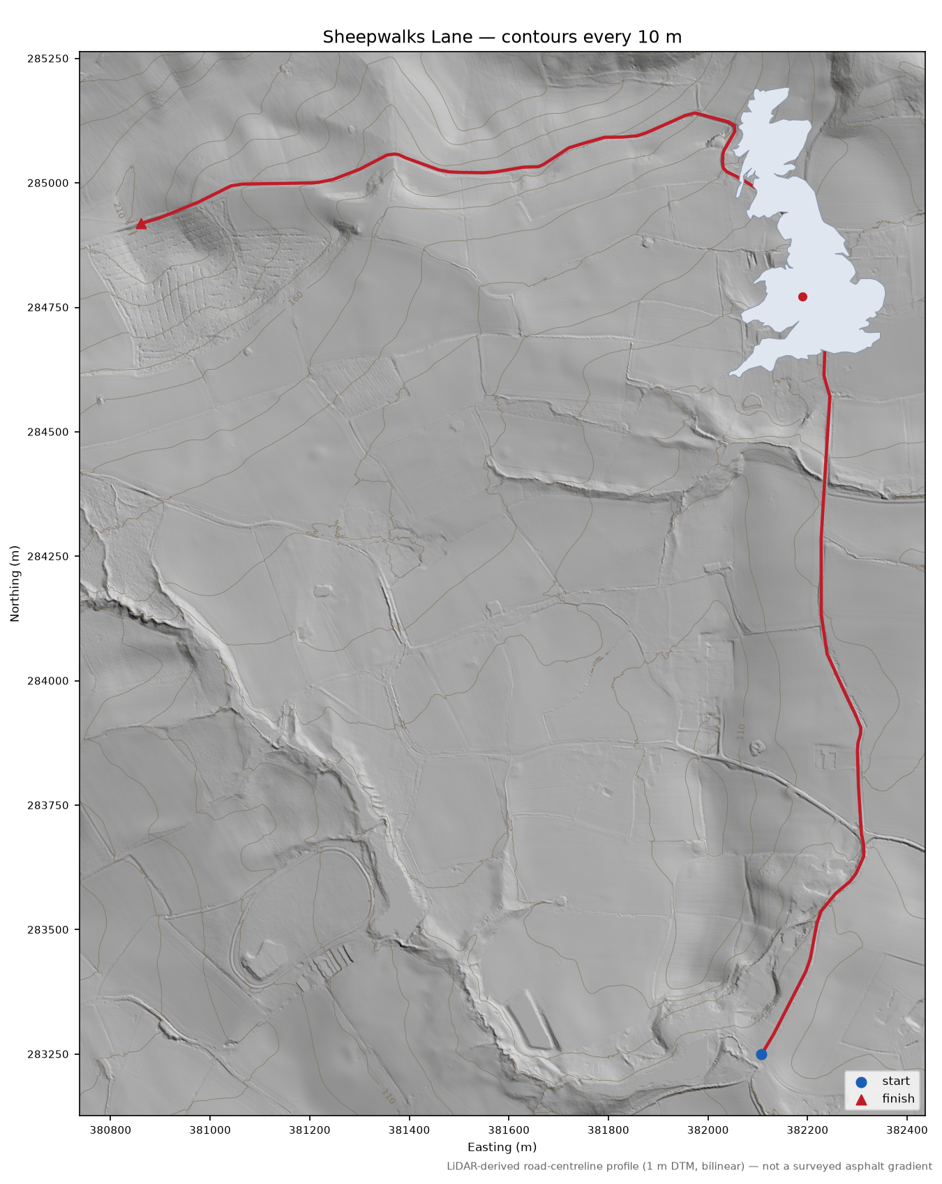 Sheepwalks Lane LiDAR hillshade map with contours
