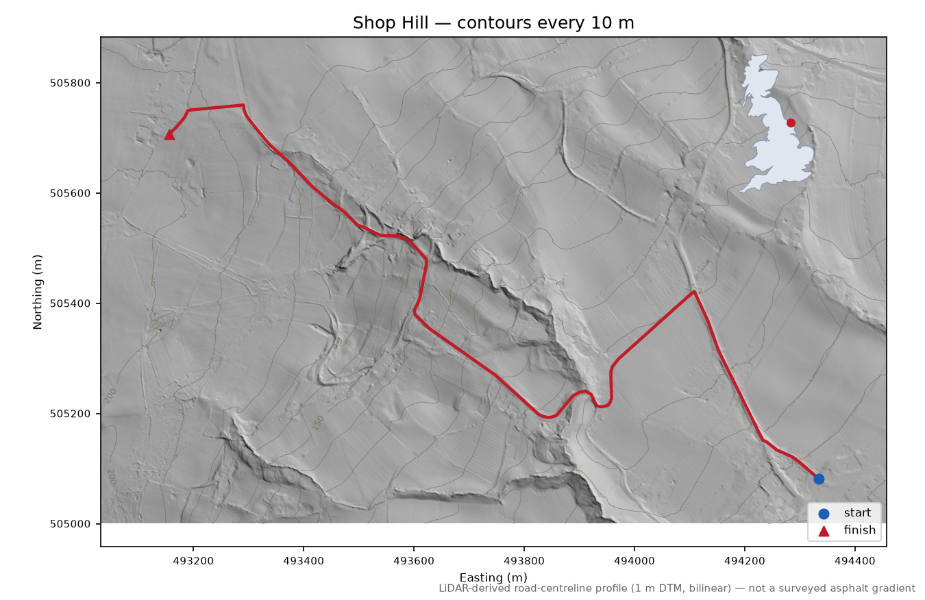 Shop Hill LiDAR hillshade map with contours