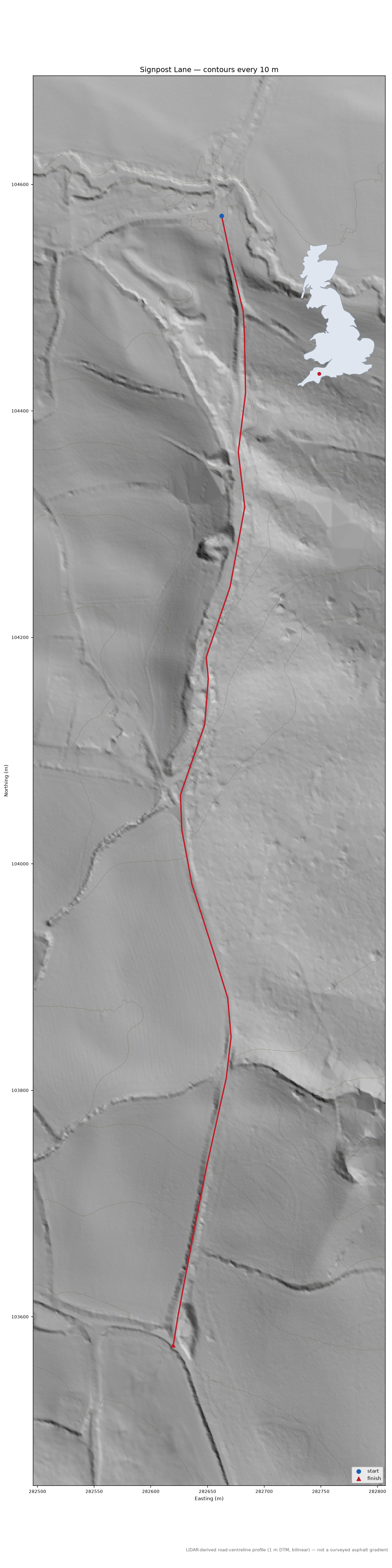 Signpost Lane LiDAR hillshade map with contours