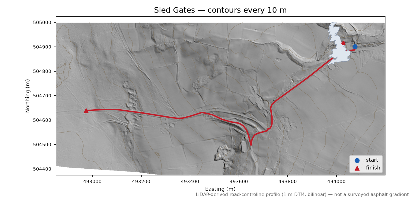 Sled Gates LiDAR hillshade map with contours