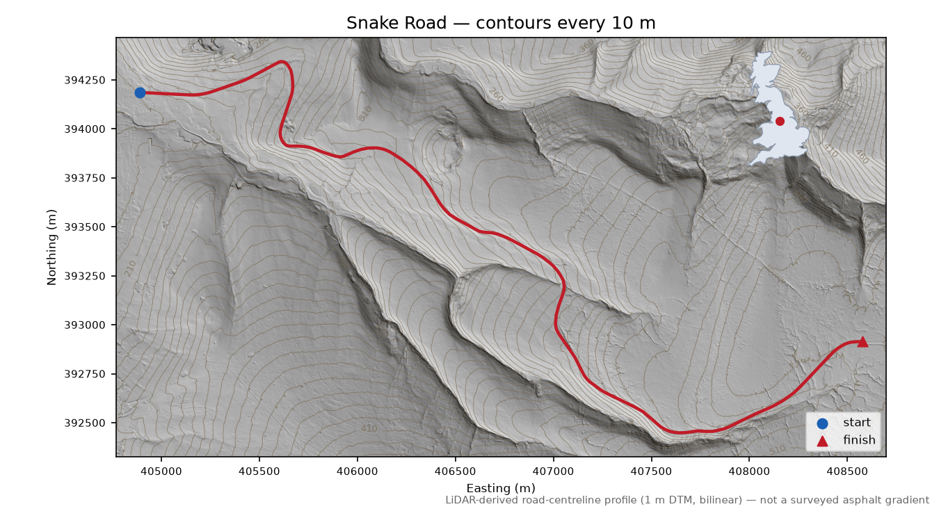 Snake Road LiDAR hillshade map with contours