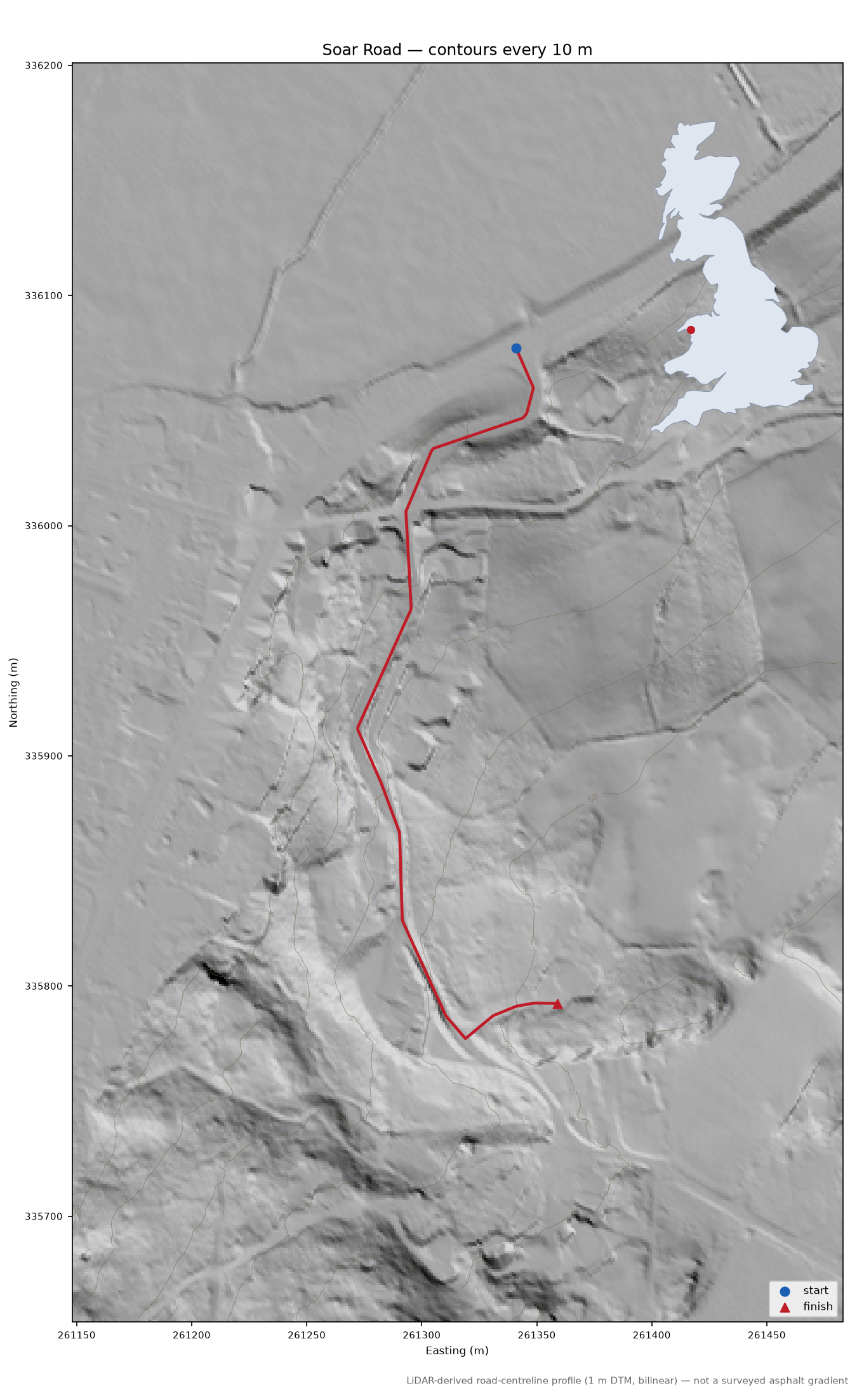 Soar Road LiDAR hillshade map with contours