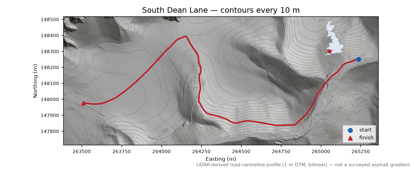 South Dean Lane LiDAR hillshade map with contours