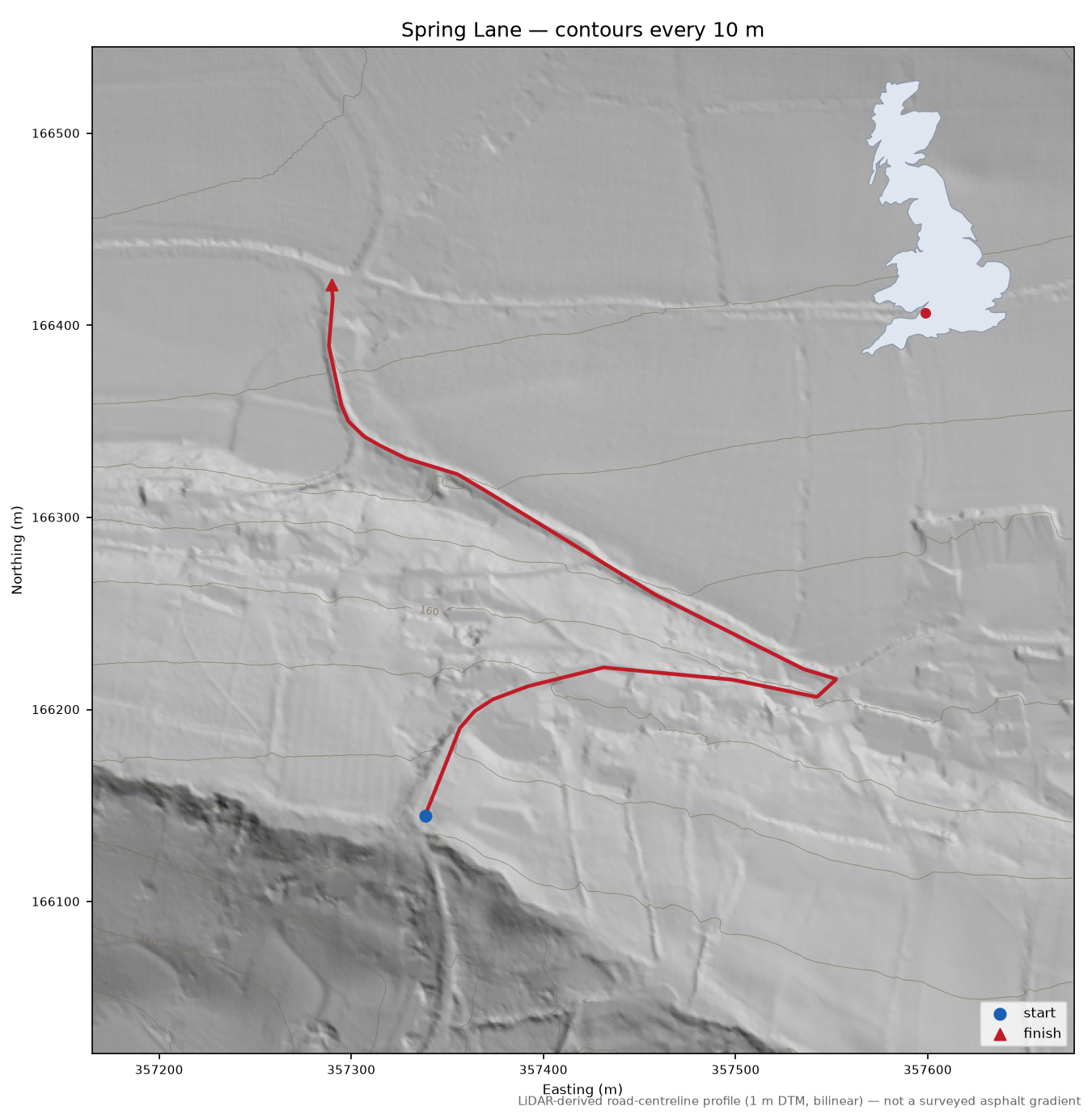 Spring Lane LiDAR hillshade map with contours