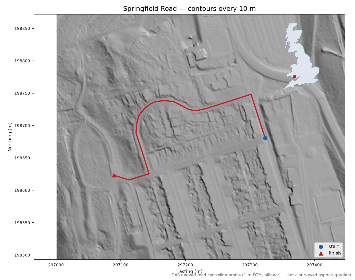 Springfield Road LiDAR hillshade map with contours
