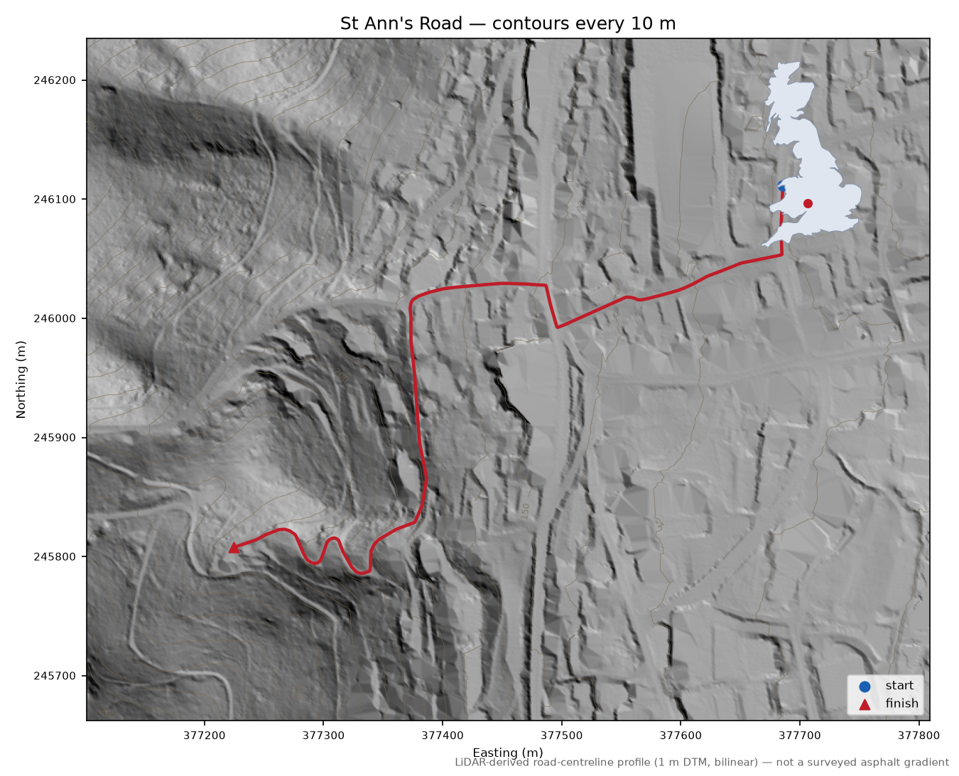 St Ann's Road LiDAR hillshade map with contours