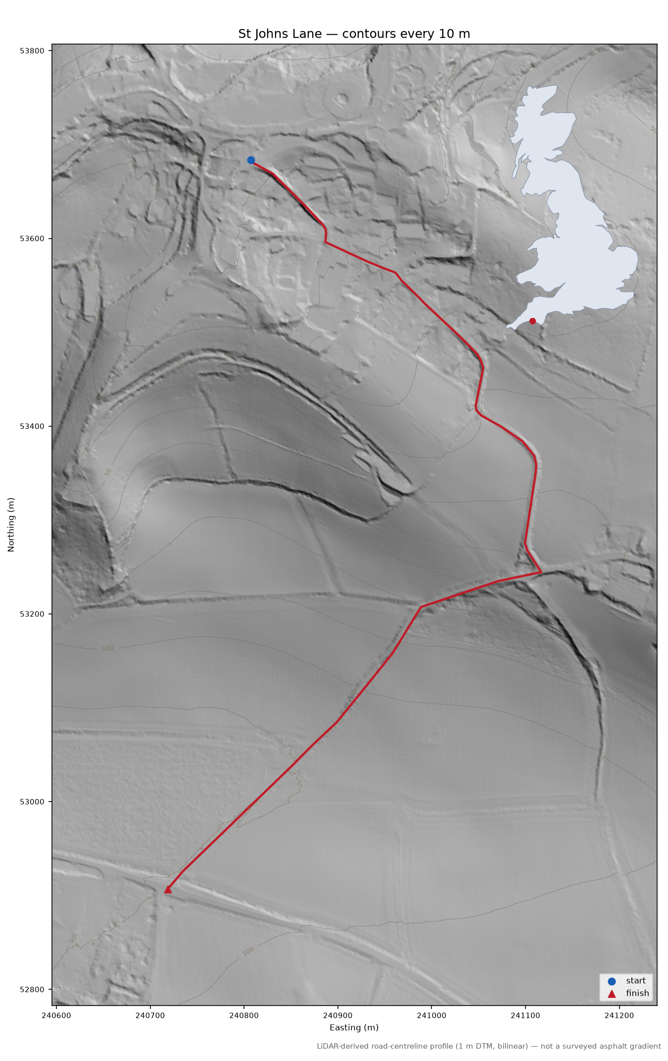 St Johns Lane LiDAR hillshade map with contours