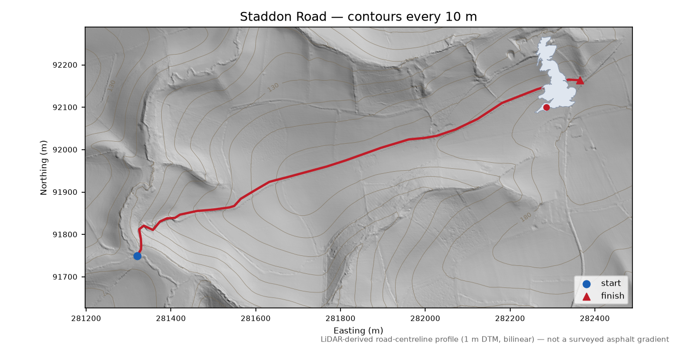 Staddon Road LiDAR hillshade map with contours