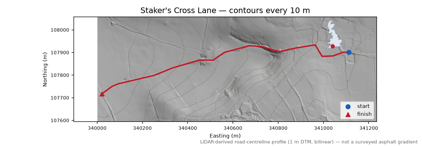 Staker's Cross Lane LiDAR hillshade map with contours