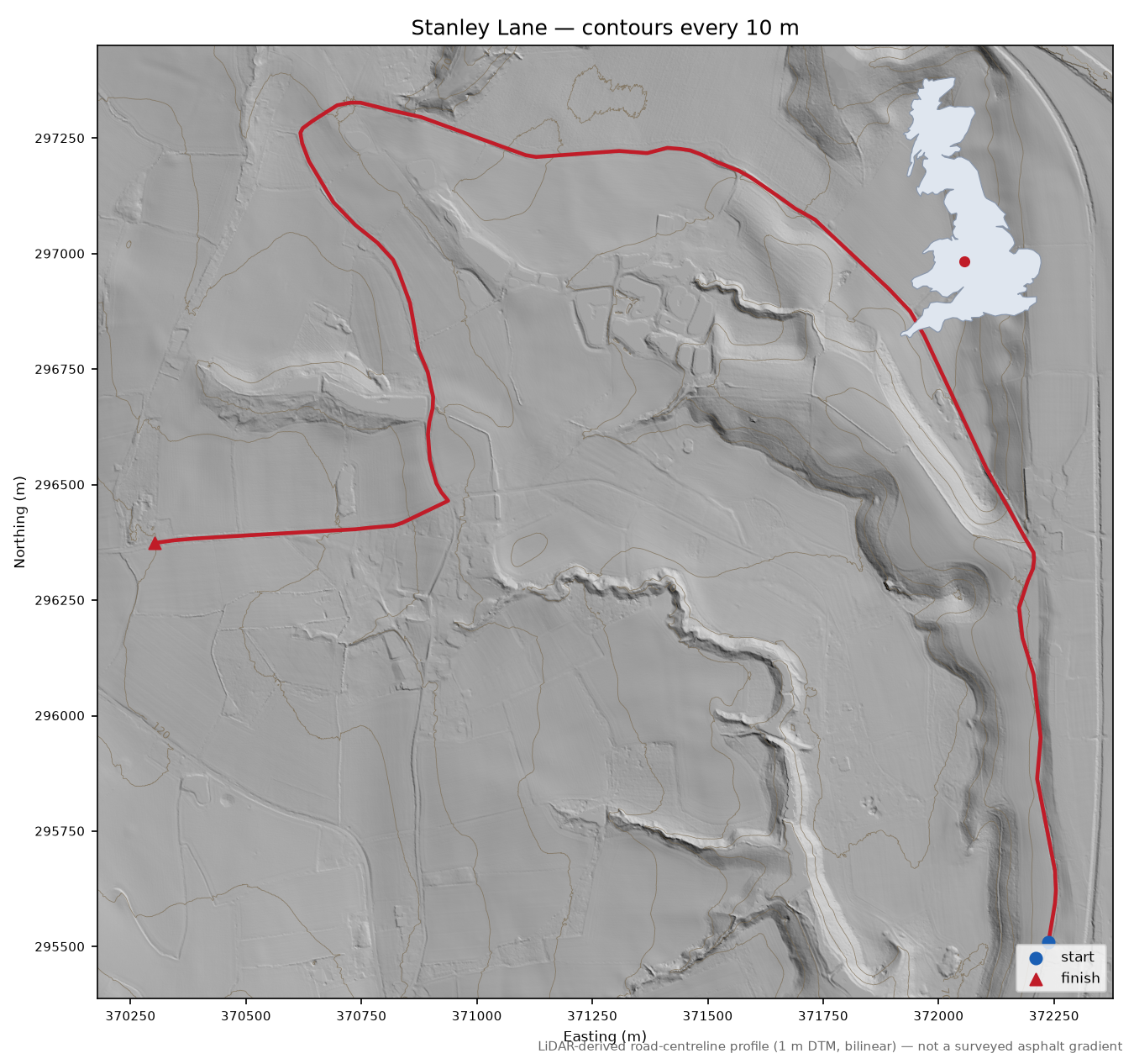 Stanley Lane LiDAR hillshade map with contours
