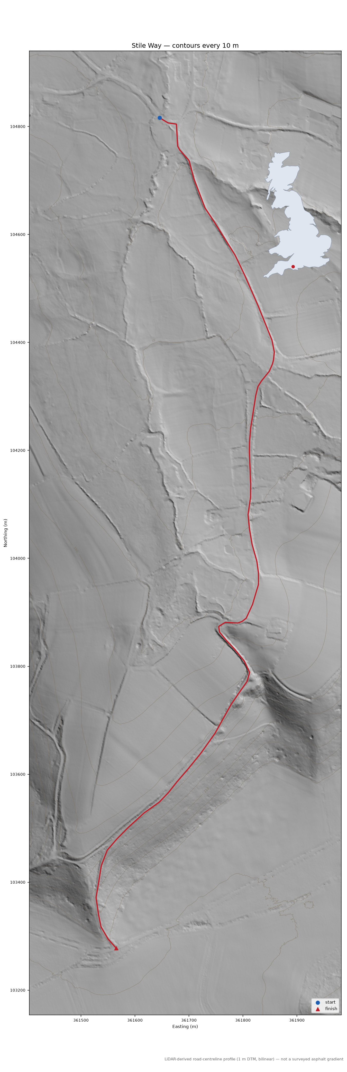 Stile Way LiDAR hillshade map with contours