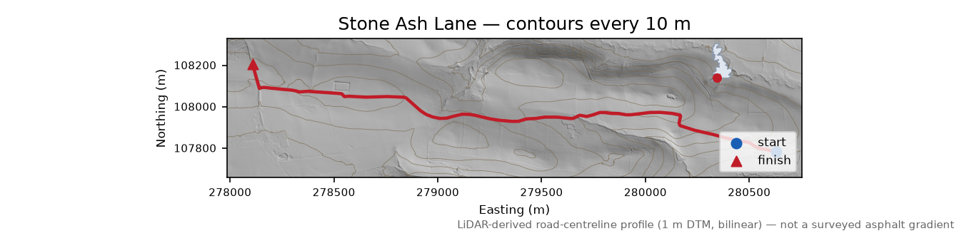 Stone Ash Lane LiDAR hillshade map with contours