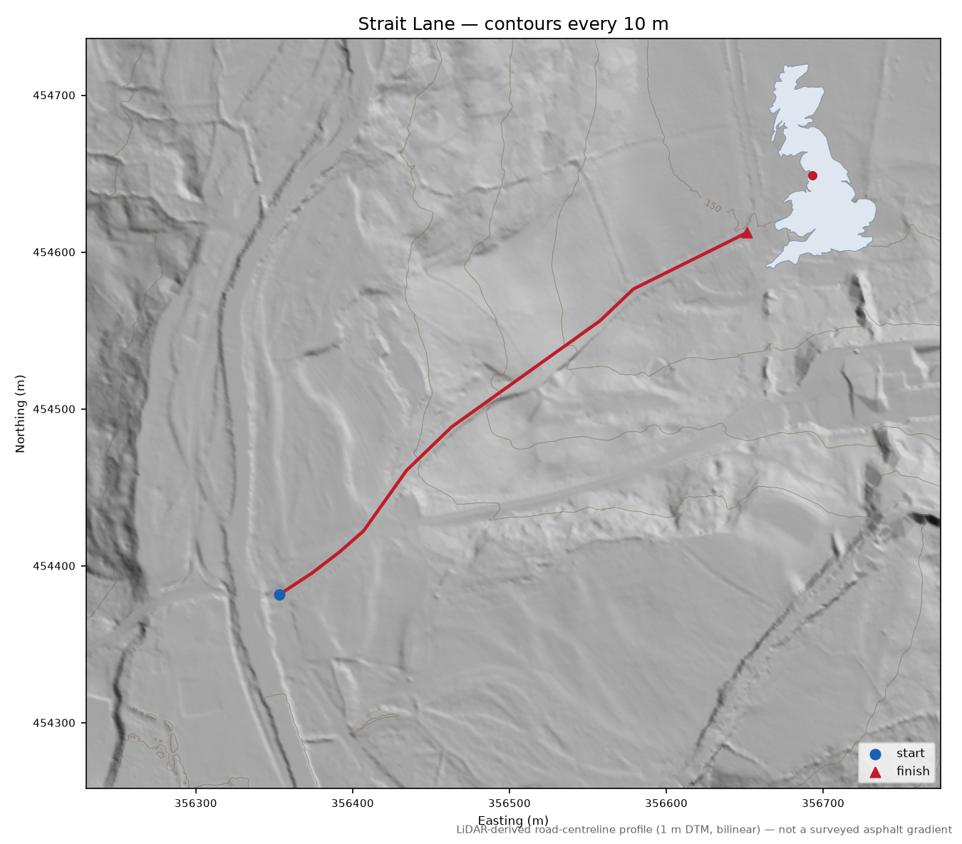 Strait Lane LiDAR hillshade map with contours