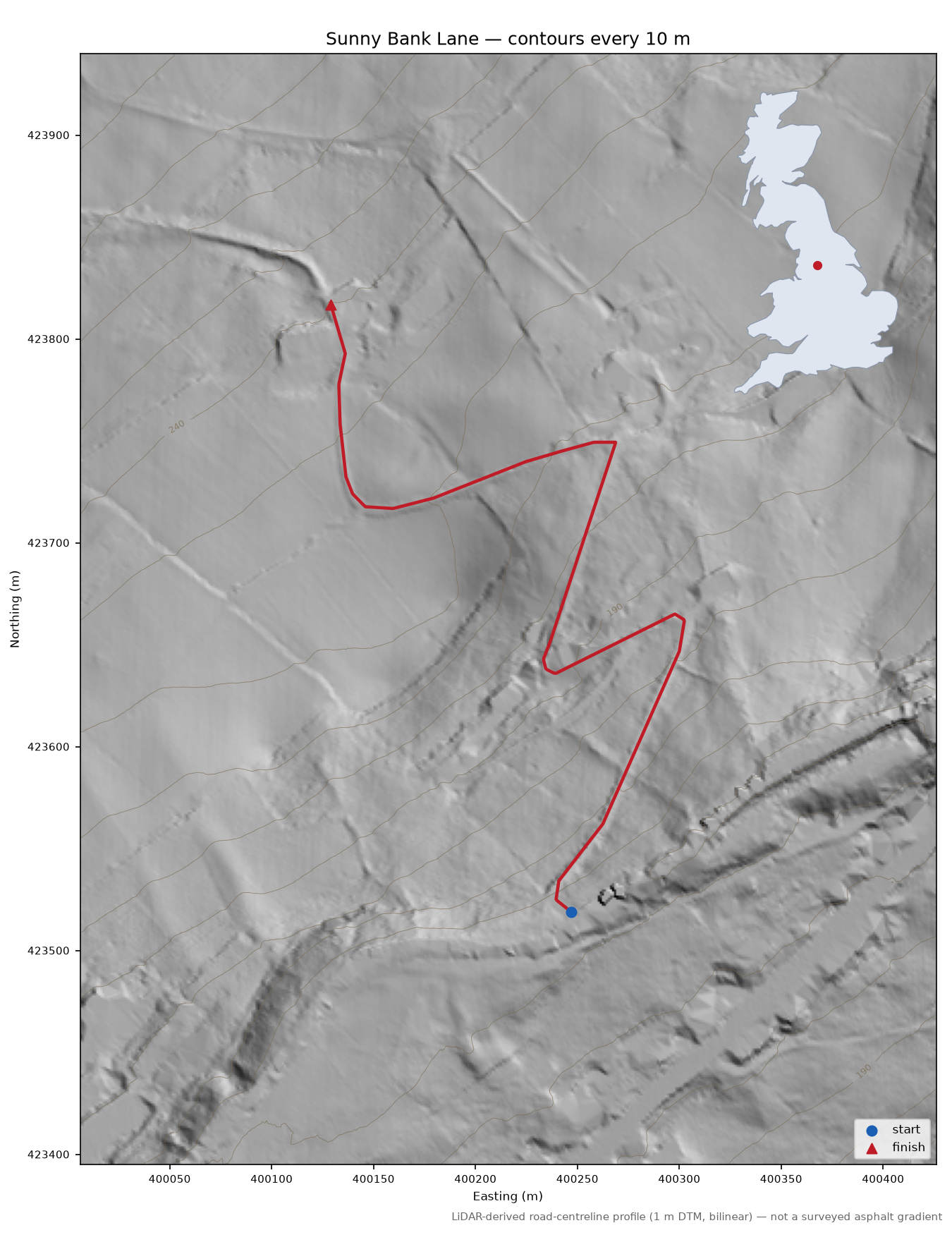 Sunny Bank Lane LiDAR hillshade map with contours