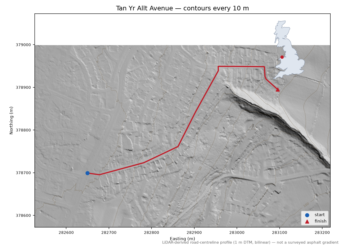 Tan Yr Allt Avenue LiDAR hillshade map with contours