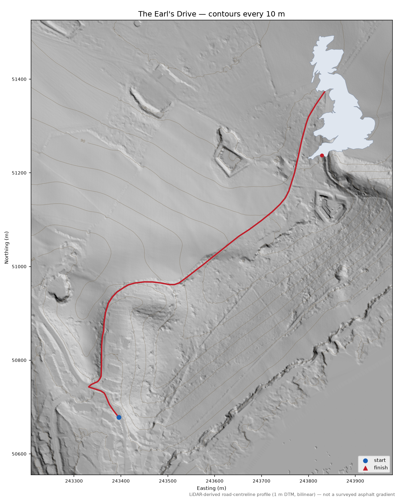 The Earl's Drive LiDAR hillshade map with contours