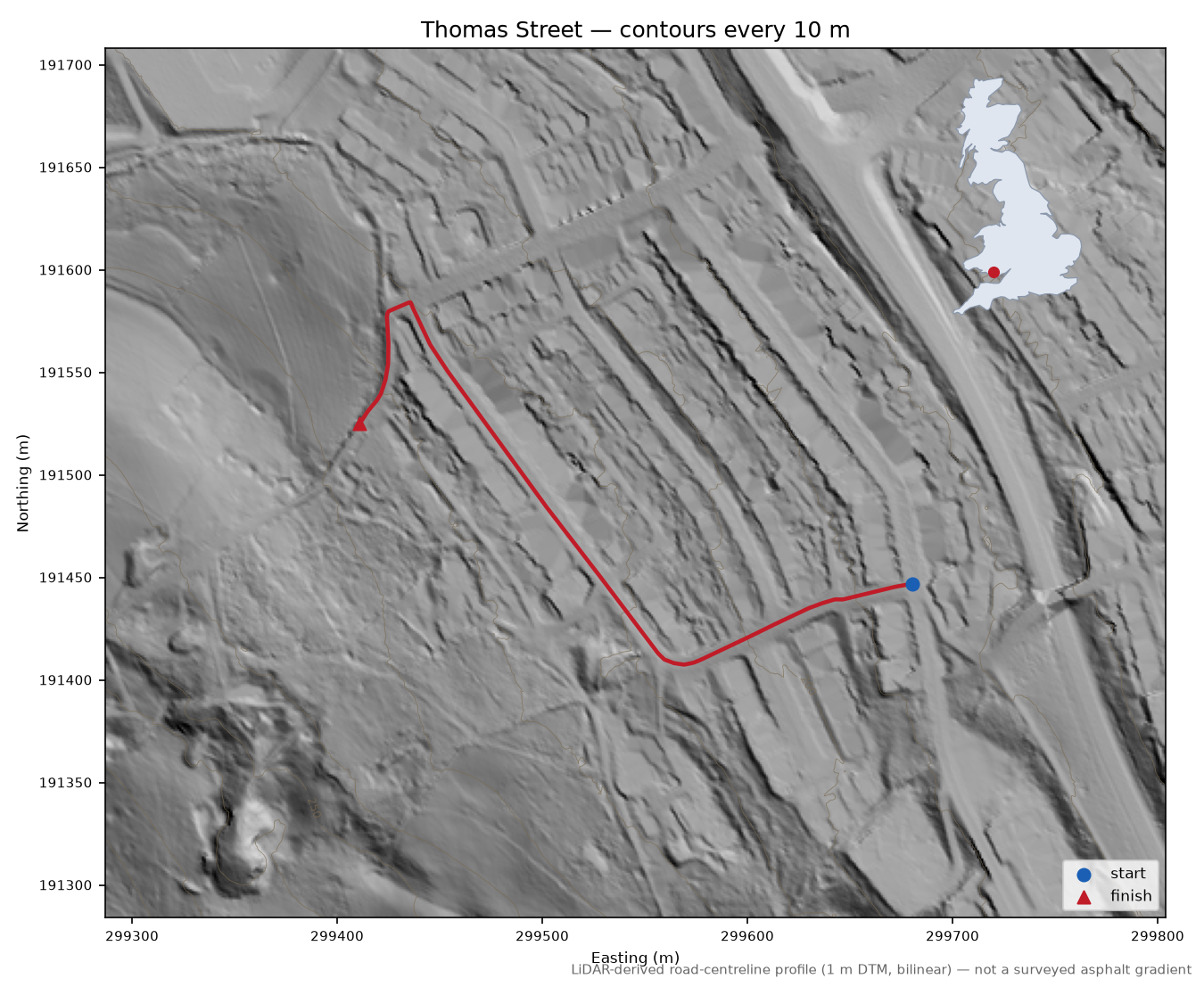 Thomas Street LiDAR hillshade map with contours