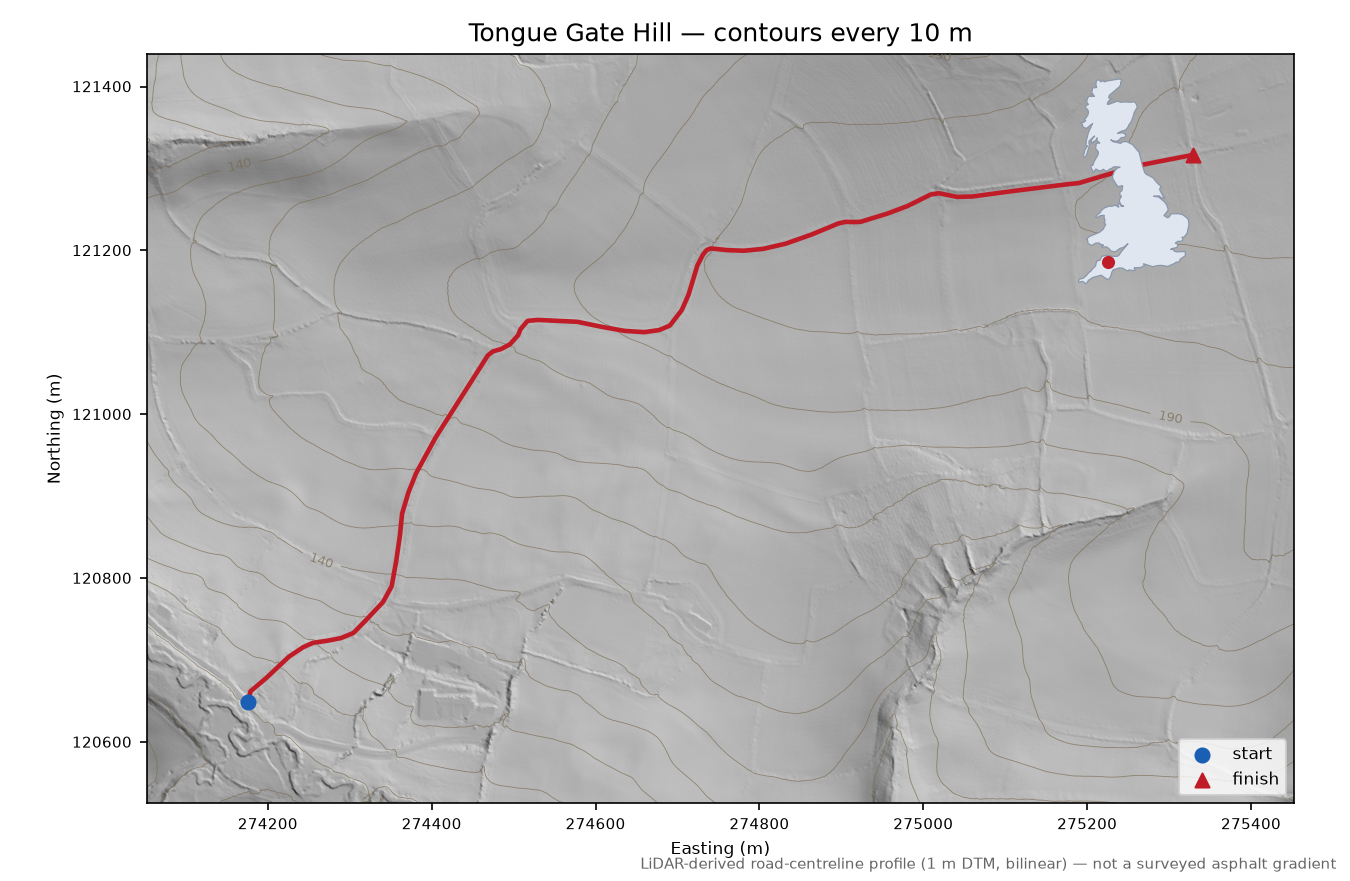 Tongue Gate Hill LiDAR hillshade map with contours