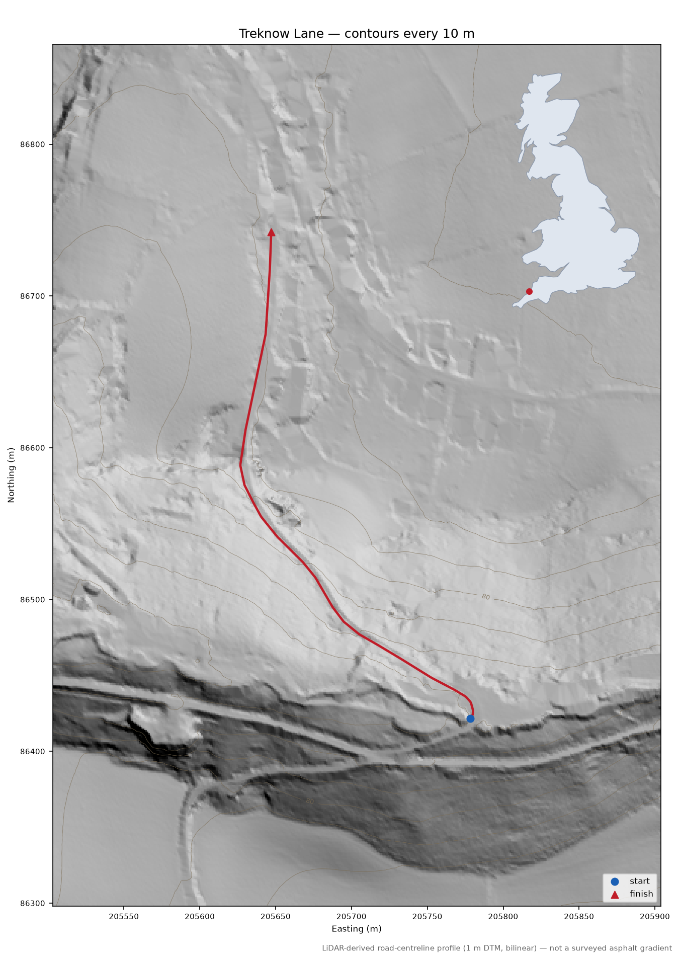 Treknow Lane LiDAR hillshade map with contours