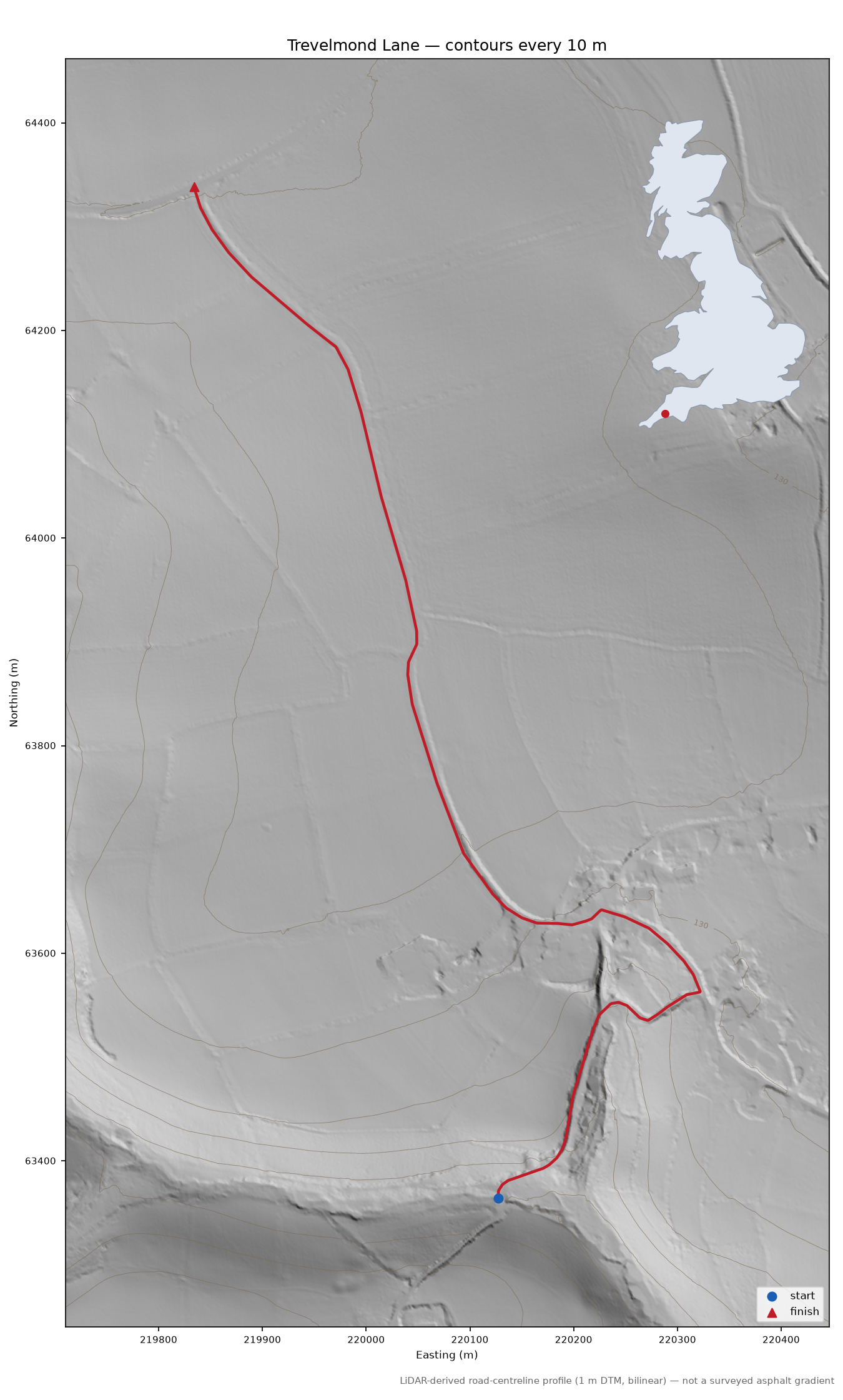 Trevelmond Lane LiDAR hillshade map with contours