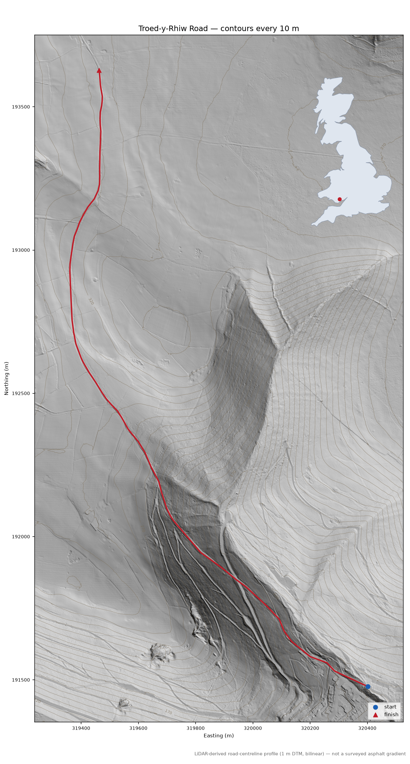 Troed-y-Rhiw Road LiDAR hillshade map with contours