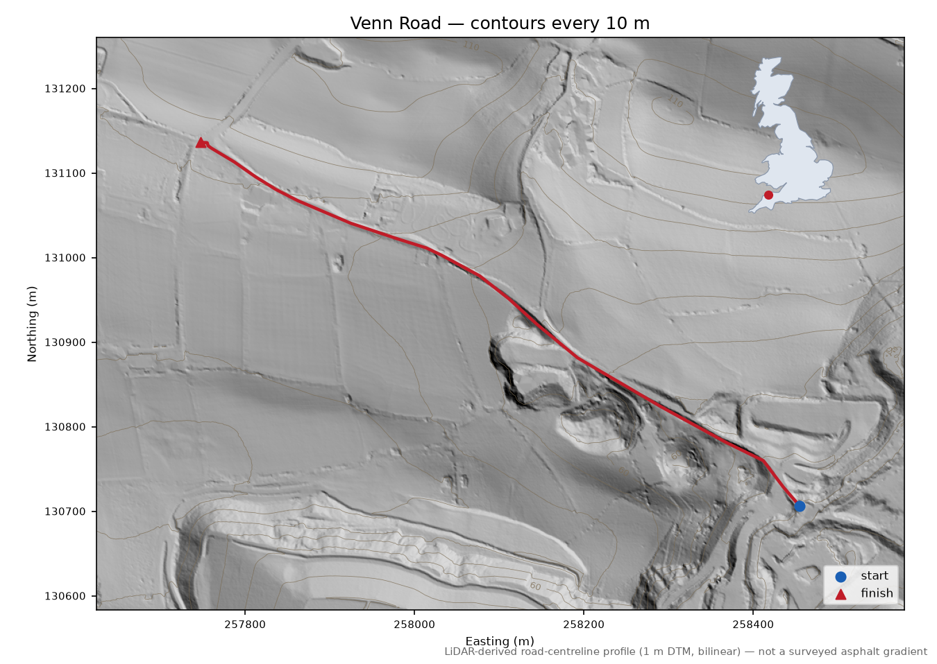 Venn Road LiDAR hillshade map with contours