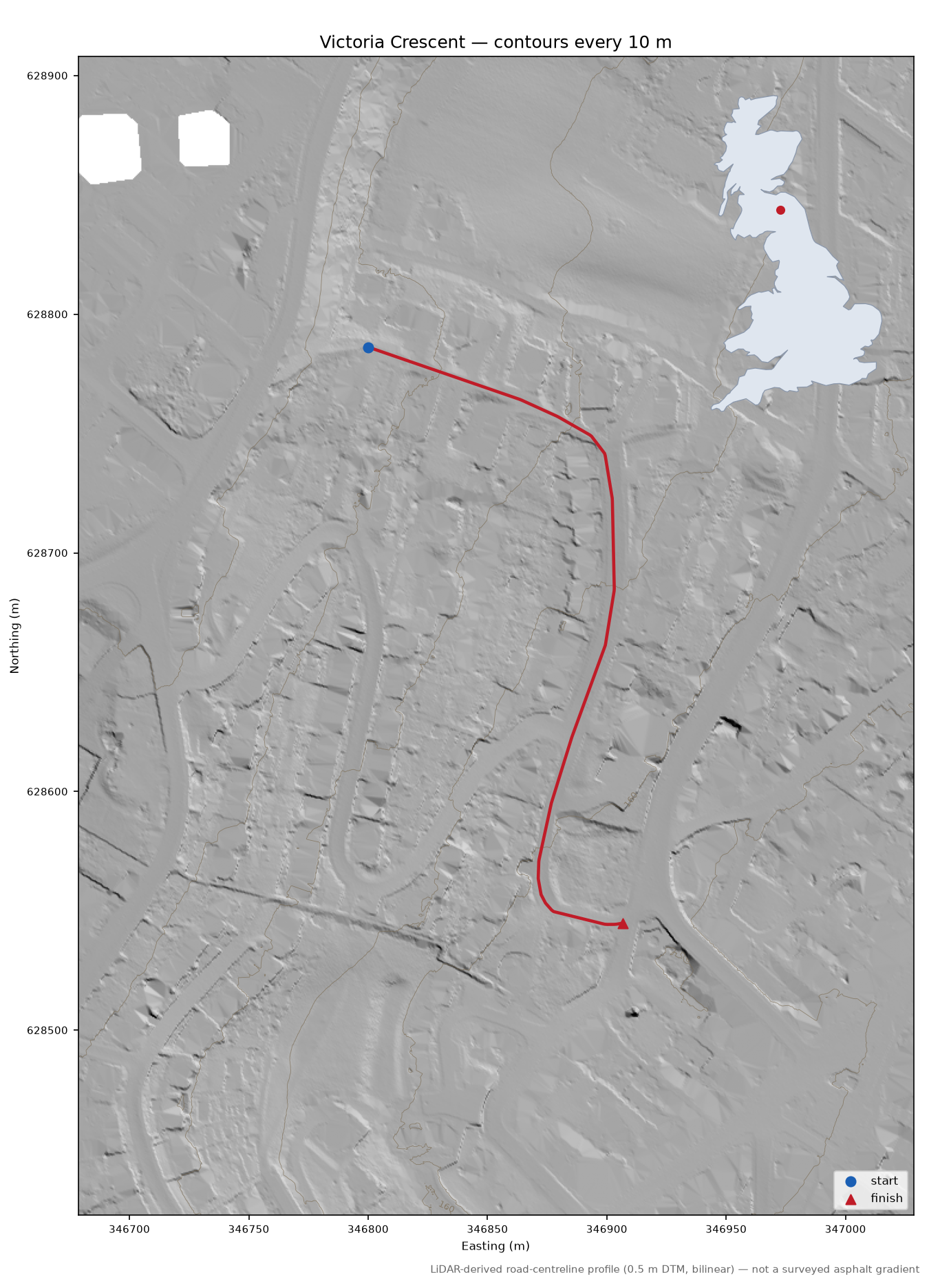 Victoria Crescent LiDAR hillshade map with contours