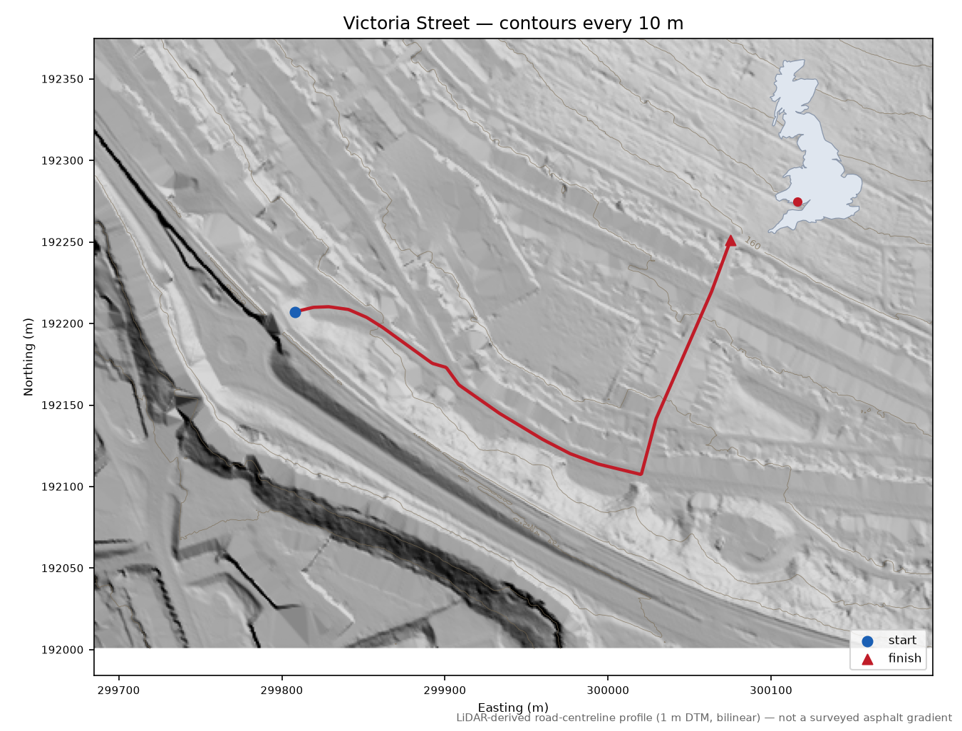Victoria Street LiDAR hillshade map with contours