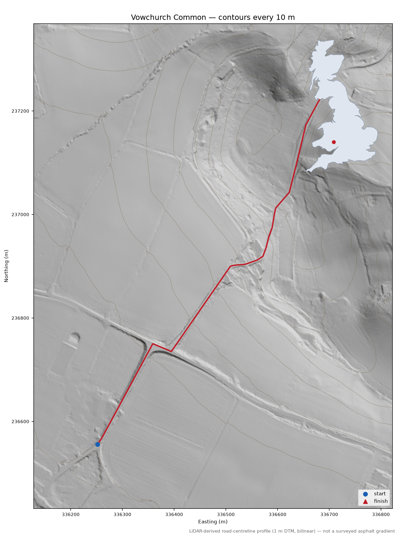 Vowchurch Common LiDAR hillshade map with contours